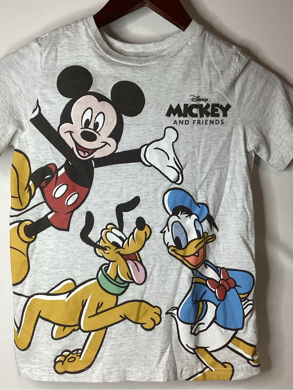 Disney Mickey & Friends Light Gray Tee with Red, Yellow, Blue Prints